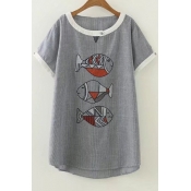 Retro Fish Embroidery Striped Pattern Round Neck Button Detail Dipped Hem Loose Tee