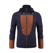 Men's Fashion Color Block Zip Up Button Detail Hooded Jacket