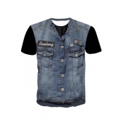 Cool Stylish Faux Denim Vest Print Round Neck Short Sleeves Casual Tee