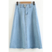 Plain Double Buttons Midi A-Line Denim Skirt with Pockets