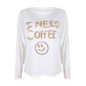 Leisure I NEED COFFEE Letter Smiley Face Print Long Sleeve Spring Tee
