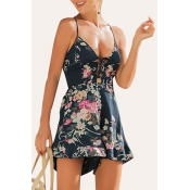 Summer Collection Spaghetti Straps Lace-up Detail Ruffle Trim Floral Print Romper