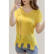 Fashionable Cut Out Trim V Neck Short Sleeve Ripped Sweater