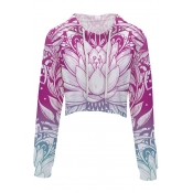 Fashion Digital Floral Printed Long Sleeve Leisure Crop Hoodie