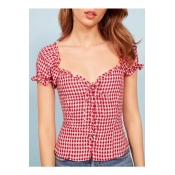 Classic Retro Plaid Printed V Neck Short Sleeve Lace Up Crop Blouse