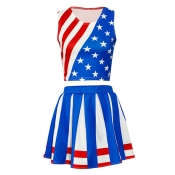 Color Block Striped Pentagram Printed Round Neck Sleeveless Tank with Mini A-Line Skirt Co-ords