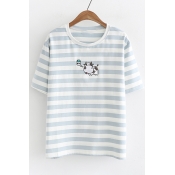 Cute Cow Embroidered Round Neck Striped Short Sleeve Tee