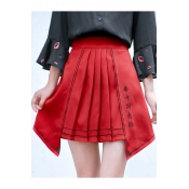 Chinese Style Asymmetrical Hem Embroidery High Waist Mini Skirt