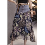 Peacock Feather Printed Chiffon Patched Buttons Fly Maxi Asymmetric Hem Skirt