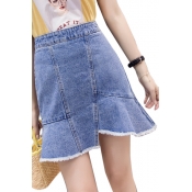 Chic Asymmetric Hem High Waist Plain Mini A-Line Denim Skirt