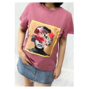 Fashionable Floral Character Print Round Neck Short Sleeves Casual Tee