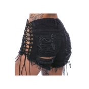 New Trendy Hot Pants Sexy Lace Up Side Ripped Plain Zipper Fly Shorts