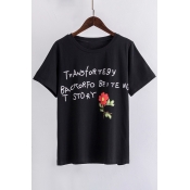Fashionable Letter Floral Print Round Neck Short Sleeves Casual Tee