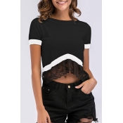 Color Block Lace Insert Round Neck Short Sleeve Crop Tee