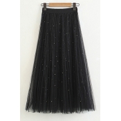 Fancy Pearl Embellished Elastic Waist Mesh Maxi A-Line Skirt