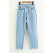 Retro Simple Plain Asymmetric Hem Loose Zipper Fly Jeans