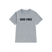 Stylish Letter GOOD VIBES Print Round Neck Short Sleeves Summer T-shirt