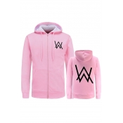 Simple W Letter Print Zip Up Long Sleeves Hoodie with Pockets