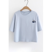 Cat Fish Embroidered Round Neck Short Sleeve Tee