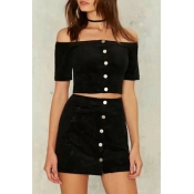 Chic Buttons Down Off The Shoulder Short Sleeve Crop Top with Mini A-Line Skirt Co-ords