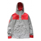 Color Block Long Sleeve Buttons Down Hooded Coat