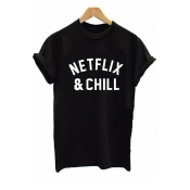 NETFLIX & CHILL Letter Printed Short Sleeve Round Neck Tee