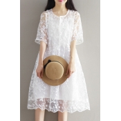 Floral Crochet Round Neck Half Sleeve Two Pieces Loose Midi A-line Dress