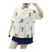 Floral Embroidered Round Neck Short Sleeve Blouse