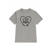 CAT MOM Letter Print Heart Print Short Sleeve Graphic Tee