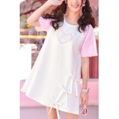 Girly Sweetheart Letter Print Color Block Bow Detail Round Neck Mini T-shirt Dress