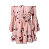Spring Collection Floral Print Drawstring Waist Off the Shoulder Bell Sleeve Casual Romper