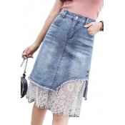 Chic Floral Lace Insert Zipper Fly Midi A-Line Denim Skirt