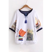 Abstract Cat Printed Tied Round Neck Short Sleeve Tee