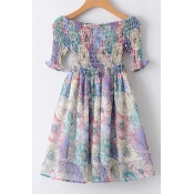 Elastic Off The Shoulder Half Sleeve Floral Printed Mini A-Line Dress
