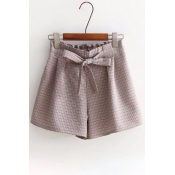 Popular Houndstooth Pattern Bow Tie Waist Wide Leg Loose Culottes