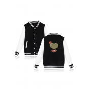 Heart Shaped Cactus Printed Stand Up Collar Color Block Buttons Down Baseball Jacket