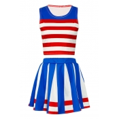 Color Block Striped Printed Round Neck Sleeveless Tank with Mini A-Line Skirt Co-ords