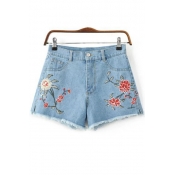 Summer Collection Floral Embroidered Zipper Fly Hot Pants Denim Shorts