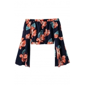 Sexy Floral Printed Off The Shoulder Long Sleeve Elastic Waist Cropped Blouse