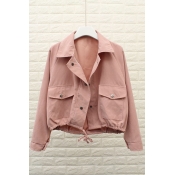 Buttons Down Plain Lapel Collar Long Sleeve Crop Coat with Pockets