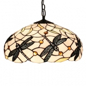 Dome Shade Dragonfly Pendant Light Tiffany Art Glass 2 Light in Black & White, 18-Inch Wide