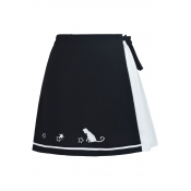 Fashionable Color Block Cat Star Embroidery Bow Detail Mini A-line Skirt
