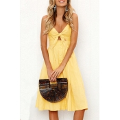 Plain Hollow Out Tied Front Spaghetti Straps Sleeveless Buttons Embellished Midi Cami Dress