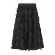 Popular Feather Embellished Plain Elastic Waist Maxi A-Line Skirt