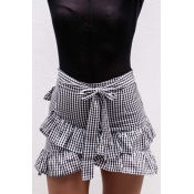 Ruffle Detail Plaid Printed Bow Tied Front Mini Asymmetric Skirt