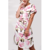 V Neck Floral Printed Short Sleeve Split Side Midi A-Line Dress