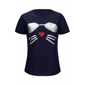 Cat's Face Printed Round Neck Short Sleeve Tee