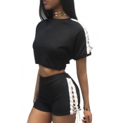 Lace Up Side Embellished Round Neck Short Sleeve Crop Top with Elastic Waist Shorts Co-ords
