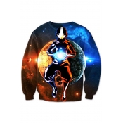 Galaxy Moon Cartoon Figure Pattern Long Sleeve Round Neck Unisex Pullover Sweatshirt