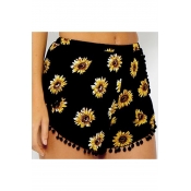 Sun Flower Printed Elastic Waist Pom Pom Embellished Hem Shorts